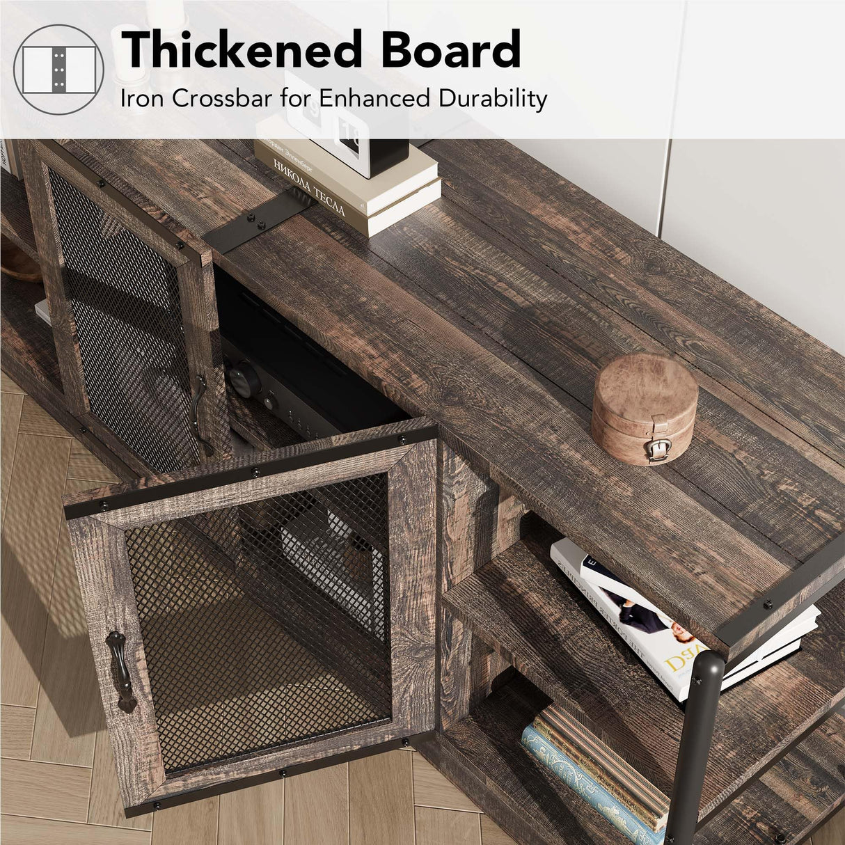 CABIHOME Farmhouse TV Stand for 65/75 inches TVs, Entertainment Center with Storage Cabinet and Mesh Doors, Industrial TV Media Console Cabinet Table, Media Furniture for Living Room, Rustic Oak CABIHOME