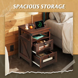 WLIVE Nightstand with Charging Station, Farmhouse End Table, Side Table with 2 Mesh Drawers Storage & Open Shelf, Rustic Wooden Cabinet Night Stand for Living Room, Bedroom, Espresso WLIVE