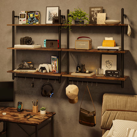 Bestier 3 Tier Industrial Pipe Shelving, Floating Book Shelves for Wall, Storage Hanging Shelves with Towel Bar for Bathroom Organizer Bedroom Kitchen Plants Office. 31.5 Inch Rustic Brown Bestier