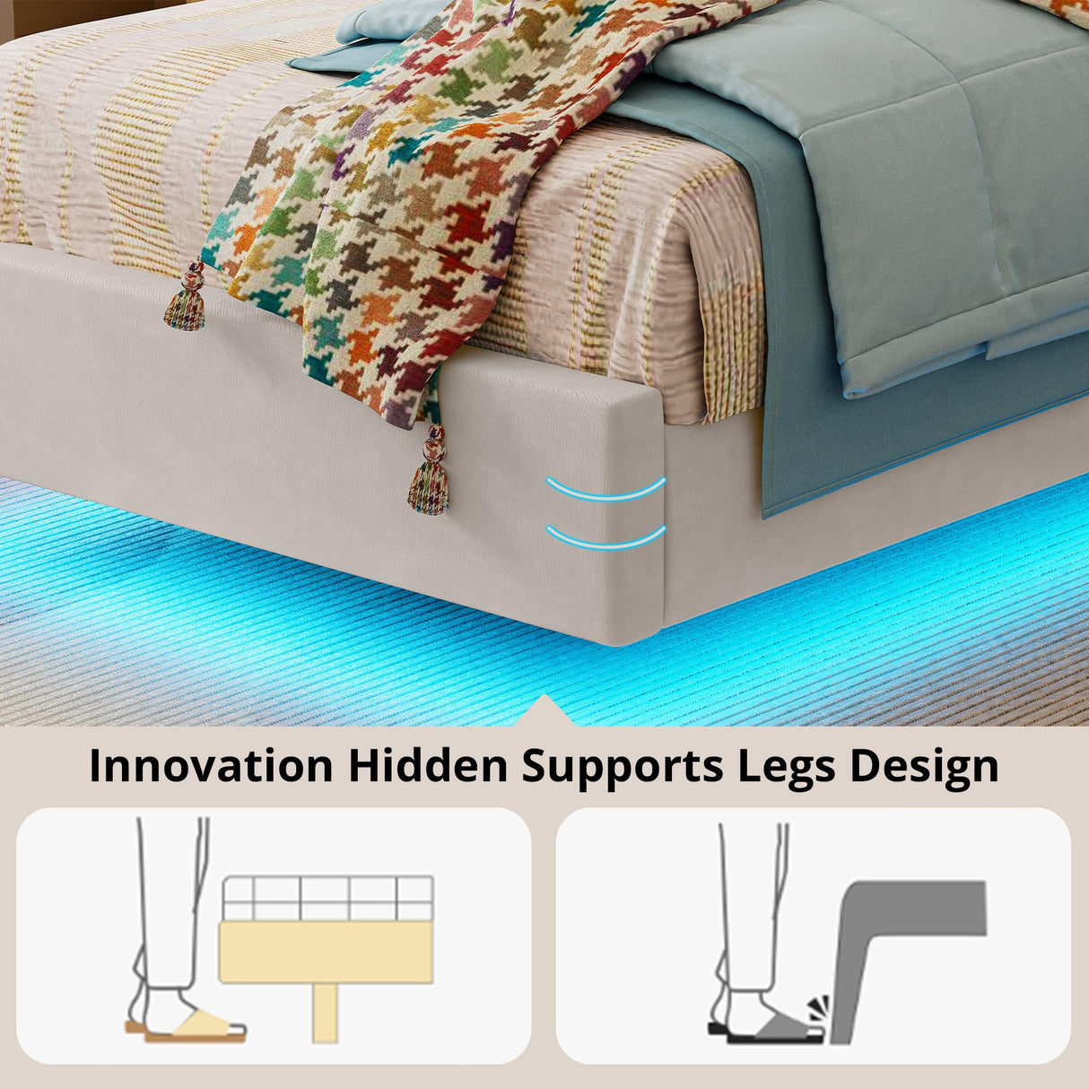 LIKIMIO Twin Bed Frame with Headboard, Velvet Upholstered Platform Bed with LED Light, Solid Wood Slats Support, No Box Spring Needed, Cream LIKIMIO