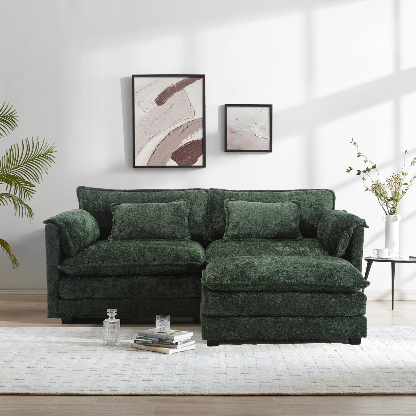 ZEIINPA L Shaped Sectional Sofa Cloud Couch for Living Room, 77" Chenille Comfy Boucle Modular loveseat Sofa, Modern Upholstery Sofa with Ottoman & Memory Foam, Emerald Green