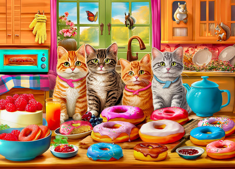 300 Pieces Jigsaw Puzzles for Adults - Puzzles for Kids Ages 6-8 8-10 10-12 - Large Piece Puzzles for Seniors - Kitchen Kittens and Donuts Mulic