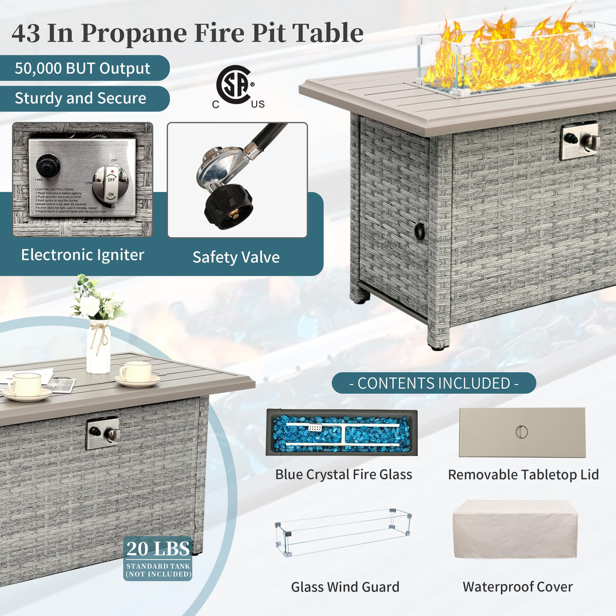 WAROOM Patio Furniture Set 6 Piece Grey Wicker Outdoor Furniture Patio Sectional Sofa Couch PE Rattan Conversation Sets with Fire Pit Table, Peacock Blue Cushion WAROOM