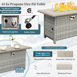 WAROOM Patio Furniture Set 6 Piece Grey Wicker Outdoor Furniture Patio Sectional Sofa Couch PE Rattan Conversation Sets with Fire Pit Table, Peacock Blue Cushion WAROOM