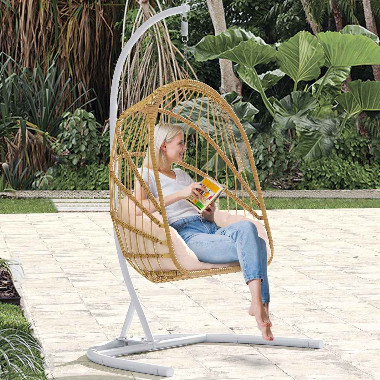 YITAHOME Wicker Swing Egg Chair with Cushions 350lbs, Foldable Hanging Basket Chair W/Stand Rattan Hammock Chair for Outdoor, Indoor, Patio, Bedroom - Beige YITAHOME