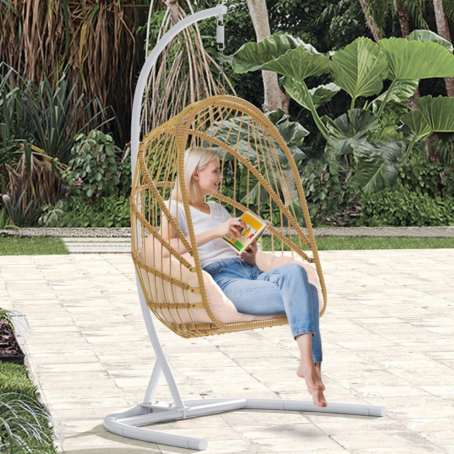 YITAHOME Wicker Swing Egg Chair with Cushions 350lbs, Foldable Hanging Basket Chair W/Stand Rattan Hammock Chair for Outdoor, Indoor, Patio, Bedroom - Beige - WoodArtSupply