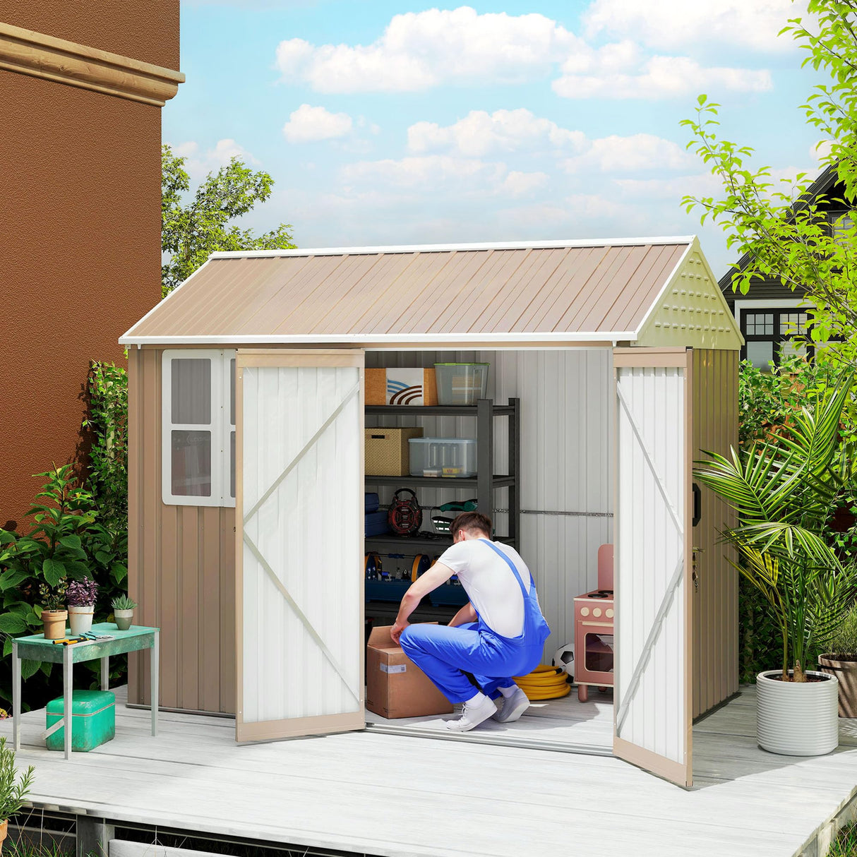Outsunny 8' x 6' Outdoor Storage Shed, Metal Garden Shed with Window & Double Lockable Door, Outdoor Tool Shed Storage with Sloped Roof for Backyard, Patio, Garage, Lawn, Brown Outsunny