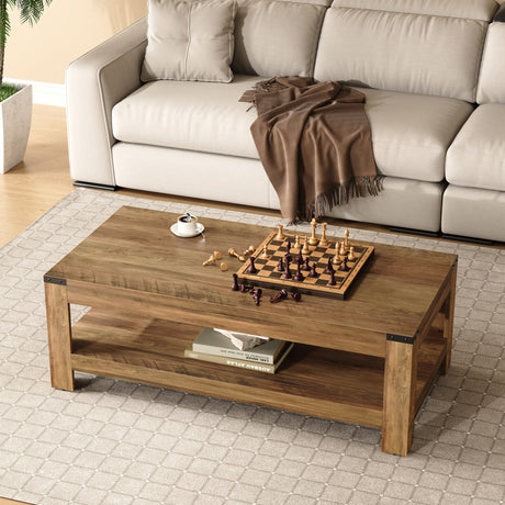 Farmhouse Coffee Table, 47.2" Modern Rustic Wooden Center Table with Storage, Rectangle Living Room Tables, 2-Tier Industrial Cocktail Tea Table for Living Room OWIPAW