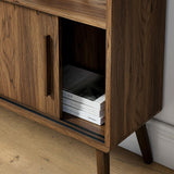 Modway Transmit 8 Shelf Bookcase with Sliding Doors in Walnut - 45 Inch Wood Mid-Century Modern Bookshelf - 4 Tier Tall Open Display Storage Cabinet for Living Room, Office, Hallway Modway