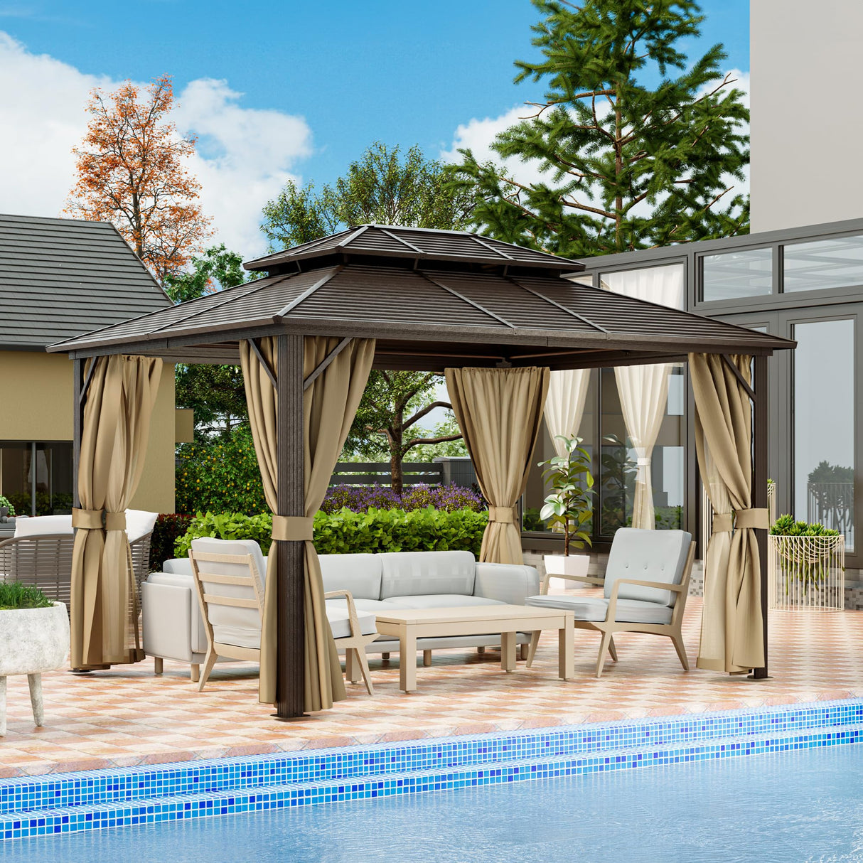 HAPPATIO 10' x 12' Hardtop Gazebo with Aluminum Frame, Outdoor Gazebo Hardtop with Galvanized Steel Double Roof for Deck, Backyard, Patio, Lawns (Brown) HAPPATIO