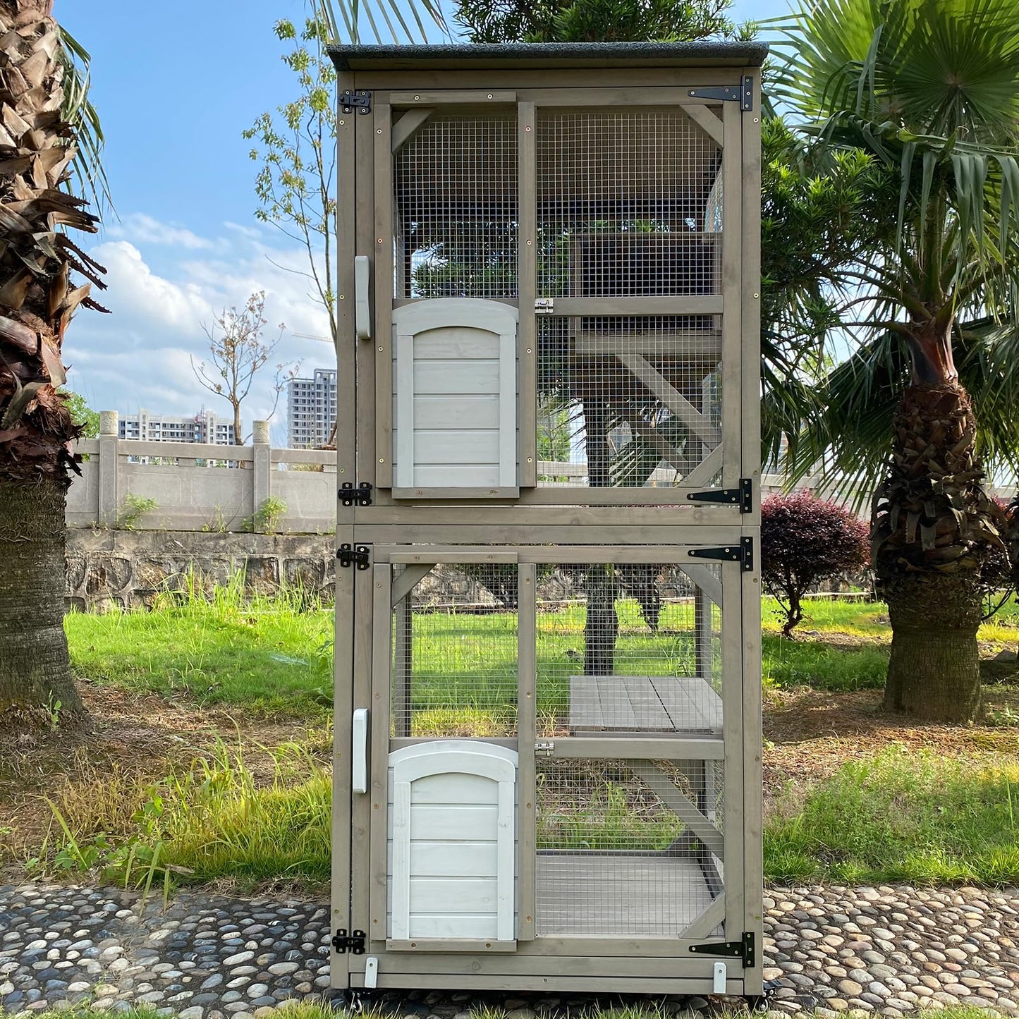 Gowoodhut Catio Cat Enclosures Outdoor for Cats, Wooden Outdoor Cat Enclosure on Wheels Attach to Window Catio, Cat House Weatherproof, Pull-out Tray-Greywhite - WoodArtSupply