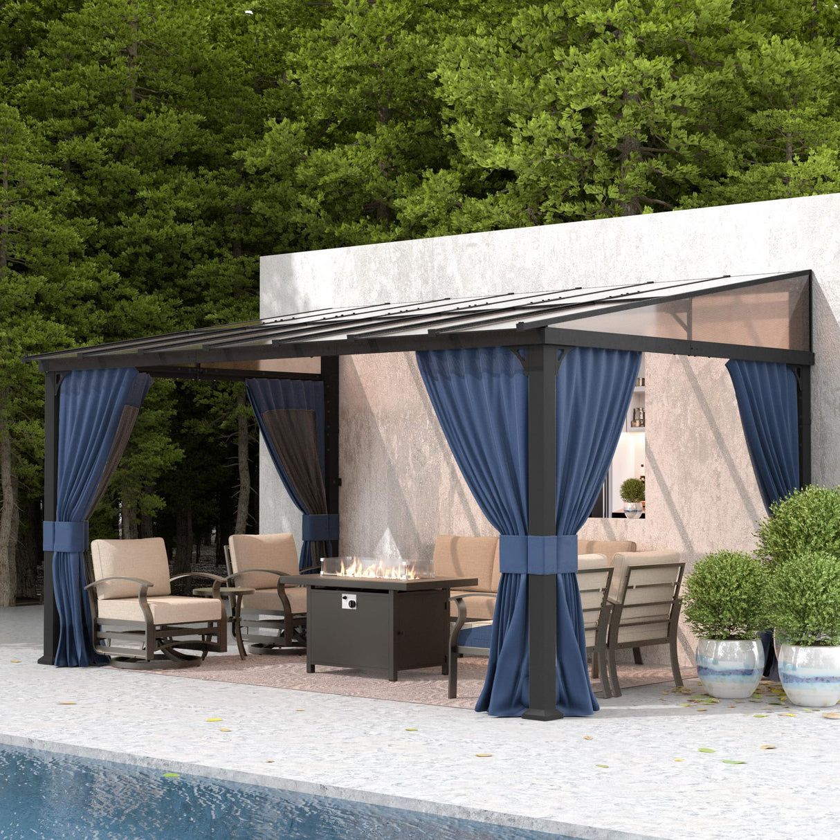 Gotland 10FTx14FT Outdoor Wall-Mounted Hardtop Pergola, Metal Frame Gazebo with Sloping Sun Panel Roof and Double Curtains for Patio, Garden, Lawn, Navy Gotland