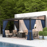 Gotland 10FTx14FT Outdoor Wall-Mounted Hardtop Pergola, Metal Frame Gazebo with Sloping Sun Panel Roof and Double Curtains for Patio, Garden, Lawn, Navy Gotland