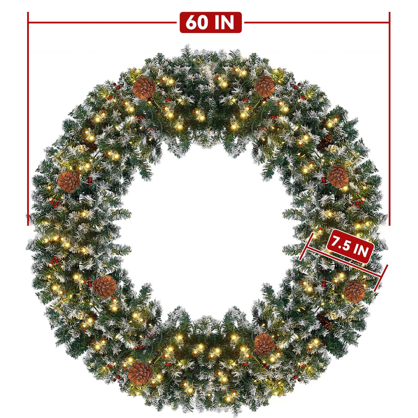 Prelit Christmas Wreath with 220 Warm White LED Lights, Outdoor Christmas Wreath Artificial Lighted Winter Wreath with 630 Pvc Tips Vivid Pine Cones and Berry Clusters, Large 60 Inches Scattered White