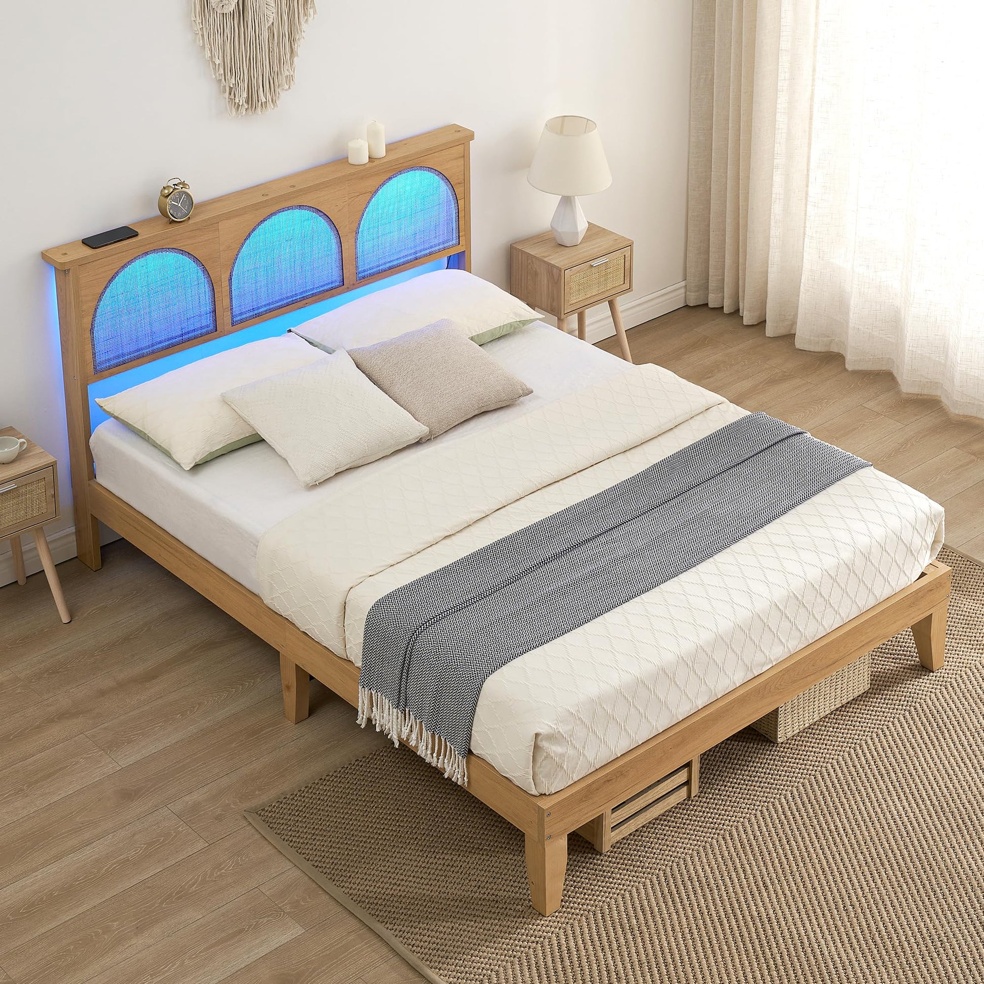 Queen Size Platform Bed Frame with Natural Rattan Headboard and RGB LED Lights - WoodArtSupply