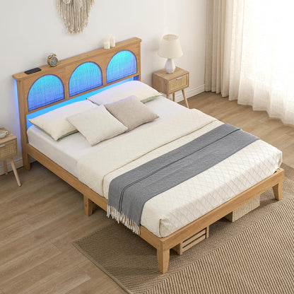 Queen Size Platform Bed Frame with Natural Rattan Headboard and RGB LED Lights - WoodArtSupply