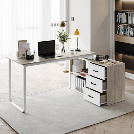 ARTPOWER L Shaped Computer Desk with 3 Drawers and Shelf,55" Large Home Office Corner Desk with Storage Cabinet,Computer Table for PC Executive Writing Study Work,Reversible Gaming Desk,Walnut ARTPOWER