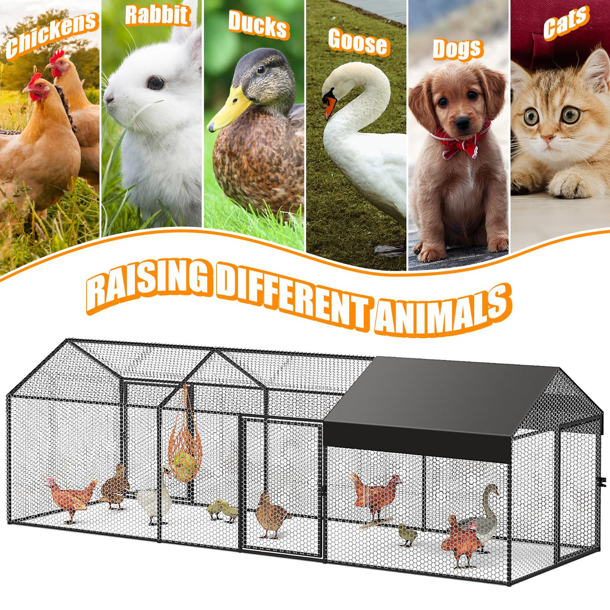 Large Metal Chicken Coop 120"×40"×40" Heavy Duty Chicken Run Hen House with Waterproof Anti-UV Cover for Outdoor Chicken Pens with Chicken Swing SPIDERCAMP