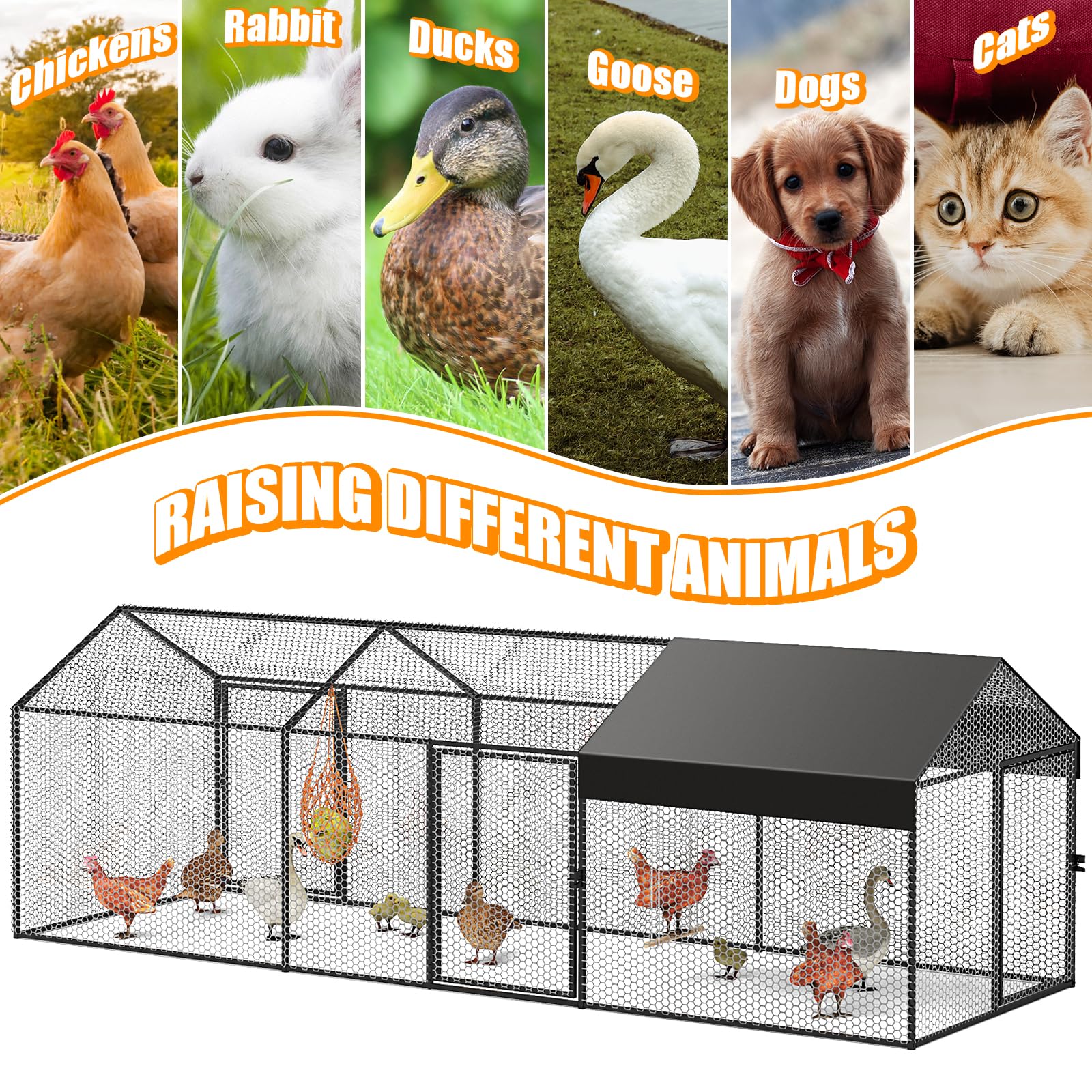 Large Metal Chicken Coop 120"×40"×40" Heavy Duty Chicken Run Hen House with Waterproof Anti-UV Cover for Outdoor Chicken Pens with Chicken Swing - WoodArtSupply