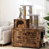 Recaceik Cat Litter Box Enclosure with Cat Tree, Hidden Cat Washroom Furniture with Divider, Wooden Cat House with Platform, Scratching Post and Soft Plush Perch, Indoor Pet Cabinet,Rustic Brown Recaceik