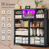 Romorgniz Dresser for Bedroom with 10 Drawers Featuring LED Light and Power Outlet, Fabric Dressers & Chest of Drawers with Open Shelves for Hallway, Living Room, Metal Frame,Wood Top,Grain Black Romorgniz
