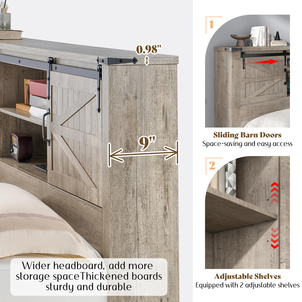 AMERLIFE Farmhouse King Bed Frame, Rustic Wood Platform Bed w/Barn Door Storage Bookcase Headboard & Charging Station, Bedroom Furniture, No Box Spring Needed, Light Grey AMERLIFE