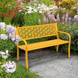 VINGLI 50" Outdoor Bench Metal with Floral Back, Garden Bench Front Porch Bench for Yard Patio Entryway Park Outside, 800lb Capacity - Yellow VINGLI