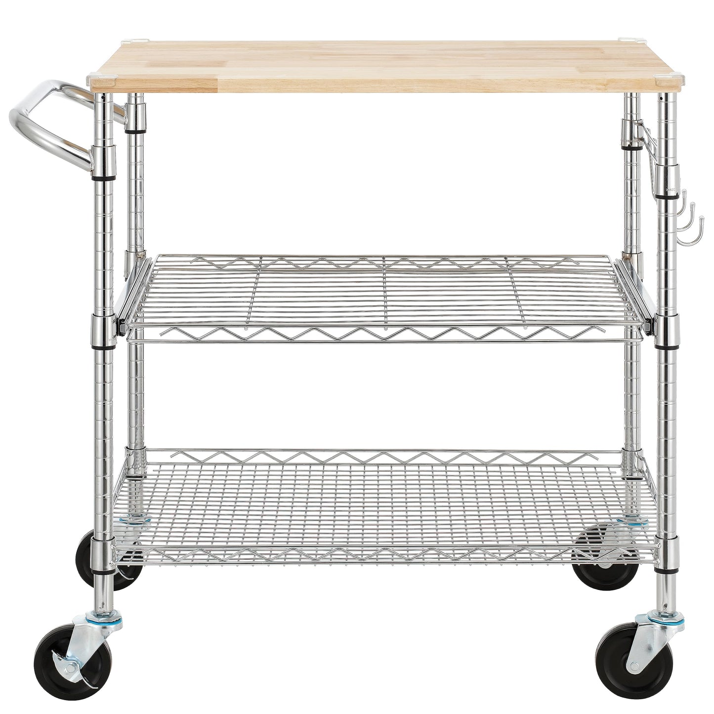 Finnhomy 3-Tier Rolling Kitchen Cart with 18" D x 30" W Oak Wood Tabletop, Kitchen Island Cart with 4" Wheels and Slider Shelf, Microwave Cart & Coffee Cart with Hooks for Dining Room, Chrome