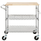 Finnhomy 3-Tier Rolling Kitchen Cart with 18" D x 30" W Oak Wood Tabletop, Kitchen Island Cart with 4" Wheels and Slider Shelf, Microwave Cart & Coffee Cart with Hooks for Dining Room, Chrome Finnhomy