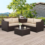 WAROOM Outdoor Patio Furniture Set 4 Piece Brown Rattan Sectional Sofa Couch PE Wicker Conversation Sets with Storage Box Glass Top Table and Non-Slip Khaki Cushion WAROOM