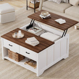 Vividwood Coffee Table Lift Top, Wood Tea Table with Big Open Storage, Square Coffee Tables for Living Room, Farmhouse Coffe Tables Rustic Center Table with 2 Drawers, Coffe White Vividwood