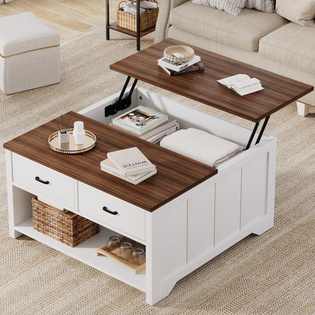 Vividwood Coffee Table Lift Top, Wood Tea Table with Big Open Storage, Square Coffee Tables for Living Room, Farmhouse Coffe Tables Rustic Center Table with 2 Drawers, Coffe White Vividwood
