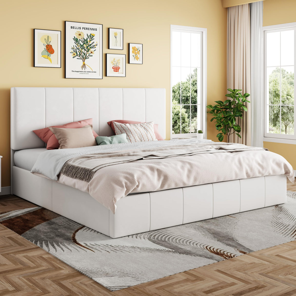 SHA CERLIN King Size Lift Up Storage Bed Frame, Adjustable Headboard, Hydraulic Support, Velvet Upholstered, Easy Installation, No Box Spring Needed, White SHA CERLIN