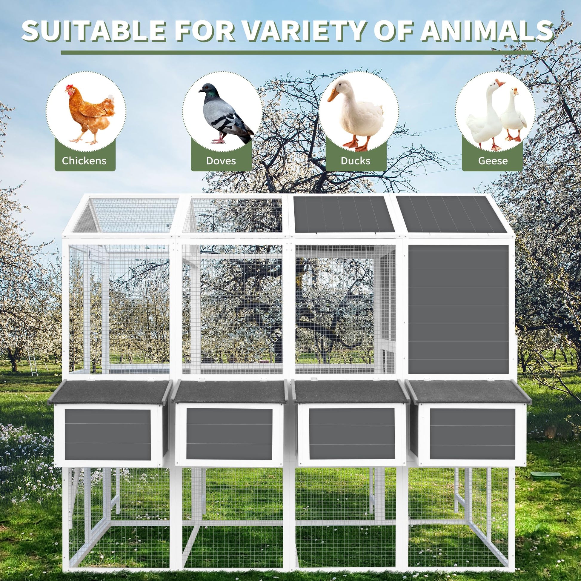 LZ LEISURE ZONE Chicken Coop with Chicken Run, Outdoor Hutch with Nesting Boxes, Wooden Walk-in Chicken House with Pull Out Trays, Garden Backyard Cage, Gray - WoodArtSupply