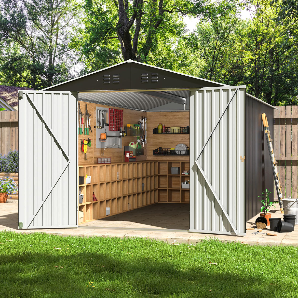 VIWAT 12x8 FT Outdoor Storage Shed, Large Garden Shed with Updated Frame Structure and Lockable Doors, Metal Tool Sheds for Backyard Garden Patio Lawn, Black VIWAT