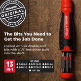 Ratcheting Screwdriver - 13-in-1 Multi Bit Screw Driver w/ ¼" Hex Shaft for Phillips, Star, Flat, Square Bit - Ratchet Screwdriver w/Retractable Cartridge - Multi Screwdriver Megapro