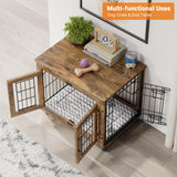 Lulive Small Dog Crate Furniture, Dog Kennel Indoor Double Doors Wooden Dog Cage, 27.1'' Heavy Duty Dog Crate with Cushion & Wheels, Decorative End Table Pet House Chew-Resistant for Small Dogs, Brown Lulive
