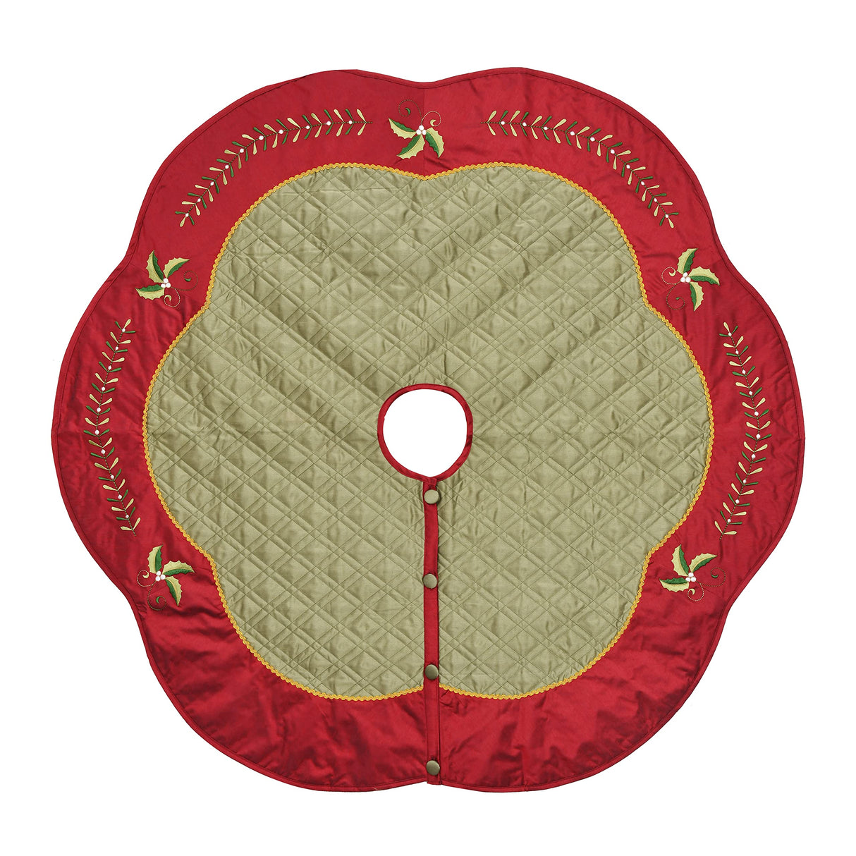 X.Sem Quilted Faux Silk Christmas Tree Skirt, Holly Leaves Embroidery Border - 50-Inch ONGLYP