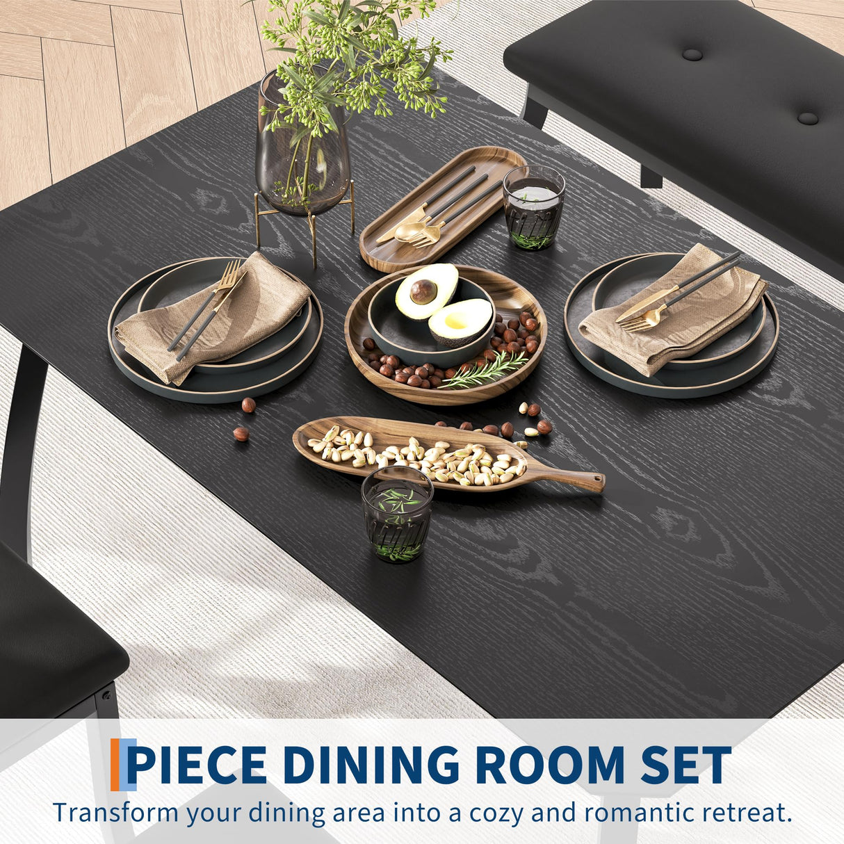 GarveeHome Dining Table Set for 4, Sturdy Wooden Kitchen Table with Chamfer Design and Metal Legs, Upholstered Bench & 2 Classic Dinner Chairs, Kitchen and Dining Set for Home Dinner, Party, Black GarveeHome