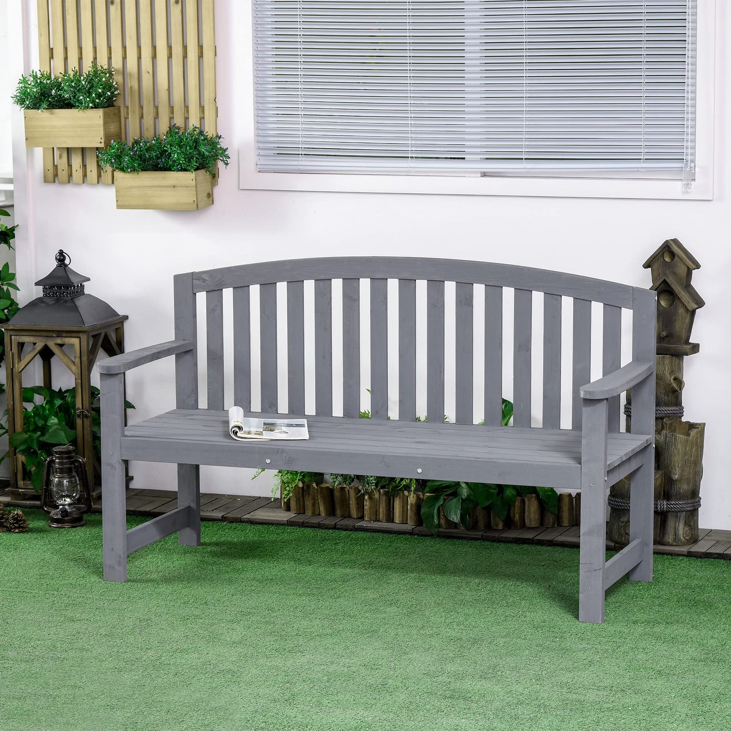 Outsunny 56" Grey Wooden Two-Seater Garden Bench with Backrest and Armrests - WoodArtSupply