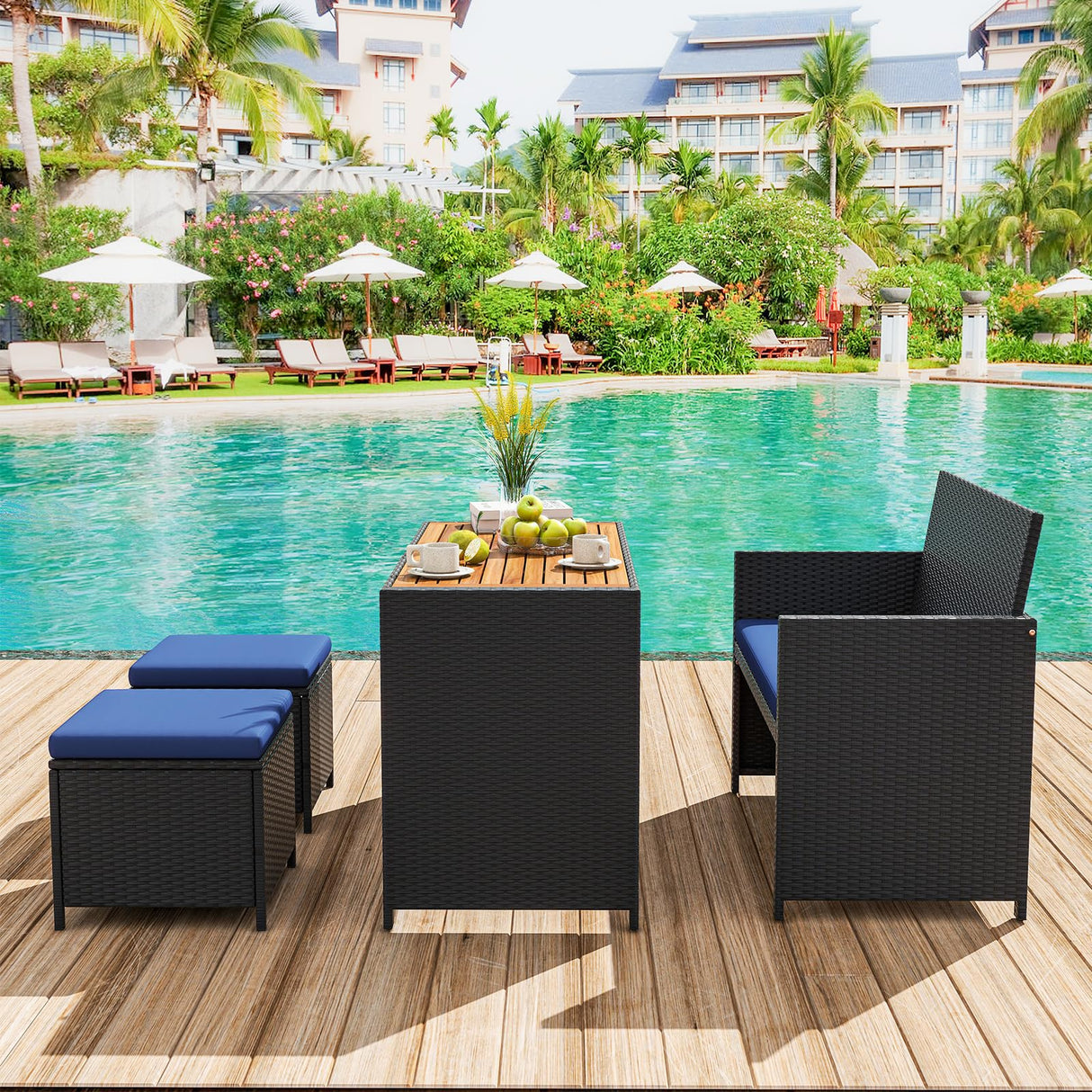 Tangkula 4 Pieces Patio Dining Set, Space Saving PE Rattan Loveseat with Acacia Wood Top Dining Table, Storage Ottomans & Soft Cushions, Outdoor Sectional Conversation Set (Navy Blue) Tangkula