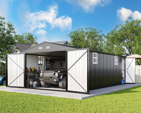 AMERLIFE 13.2x21x8 FT Outdoor Storage Shed, Huge Metal Garage Shed with 2 Double Hinged Doors and 4 Windows, Carport for Car, Truck, Bike, Garbage Can and Lawnmower, Dark Grey AMERLIFE