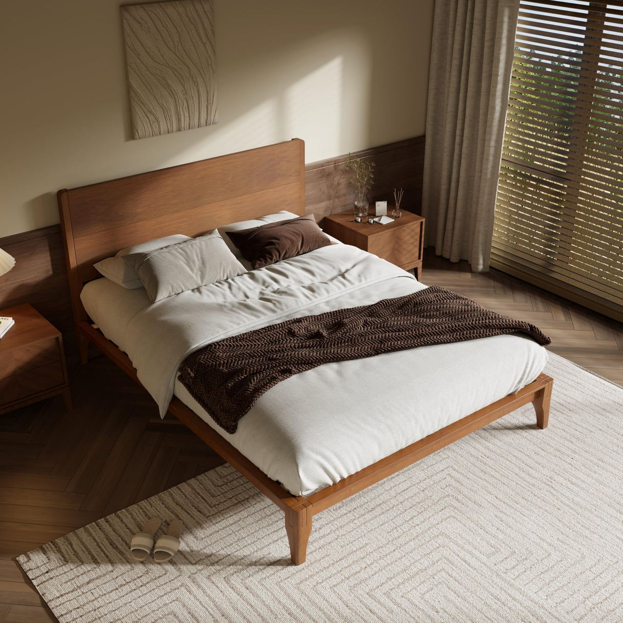 Merax Full Size Bamboo Platform Bed, Mid-Century Modern Bed Frame with Tall Headboard, Wood Slat Support, No Box Spring Needed, Easy Assembly, Brown Merax