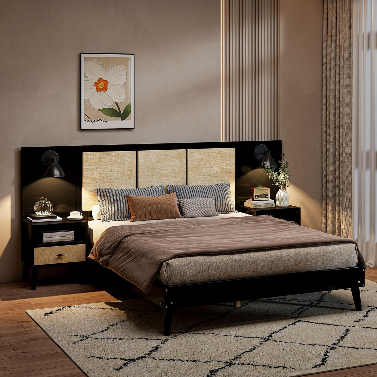 Queen Size Platform Bed Frame with 2 Nightstands, Wooden Queen Bed Frame with Lamps, Elegant Design, Rattan and Wood Combination, Black Harper & Bright Designs