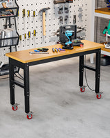 GarveeTech 60 Inch Work Bench with Wheels, 2200 LBS Capacity Solid Wood Top Worktable with Stable Steel Frame, 10 Level Adjust Height Work Station with Power Outlets, for Garage, Shop, Home, Office GarveeTech