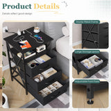 Furmax End Table, LED Nightstand Set of 2 with Charging Station and 3 Wooden Panel Fabric Drawers, 3-Tier Side Table with USB Ports and Outlets, for Bedroom, Living Room, Black Furmax
