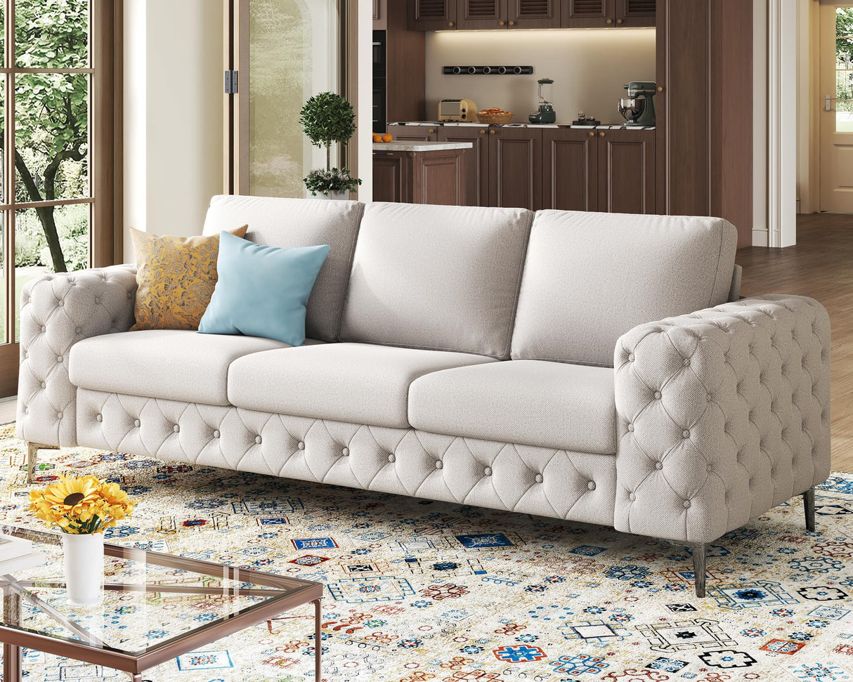 VanAcc Modern Sofa, 92 inch 3 Seater Sofa with Stylish Thick Armrest, Upholstered Button Tufted Couch for Living Room, Apartment, Linen Beige Oversized Couch VanAcc