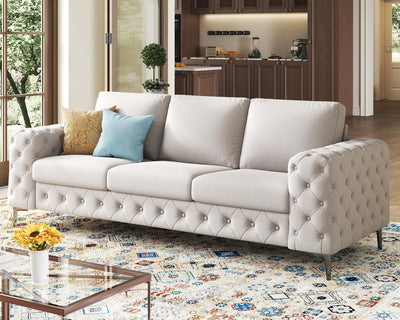 VanAcc Modern Sofa, 92 inch 3 Seater Sofa with Stylish Thick Armrest, Upholstered Button Tufted Couch for Living Room, Apartment, Linen Beige Oversized Couch