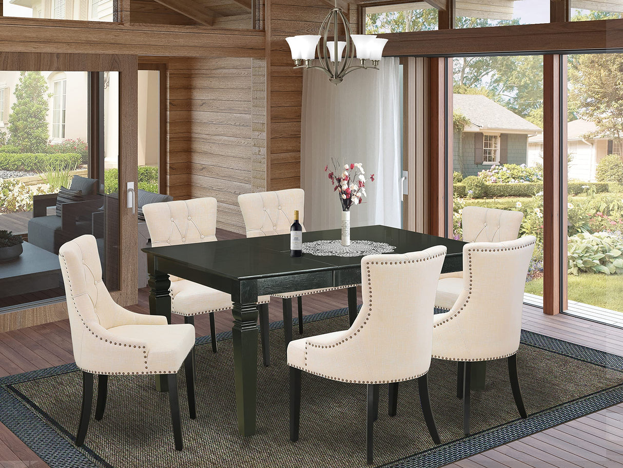 East West Furniture WEFR7-BLK-02 7 Piece Dinette Set Consist of a Rectangle Dining Room Table with Butterfly Leaf and 6 Light Beige Linen Fabric Upholstered Chairs, 42x60 Inch, Black East West Furniture