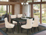 East West Furniture WEFR7-BLK-02 7 Piece Dinette Set Consist of a Rectangle Dining Room Table with Butterfly Leaf and 6 Light Beige Linen Fabric Upholstered Chairs, 42x60 Inch, Black East West Furniture